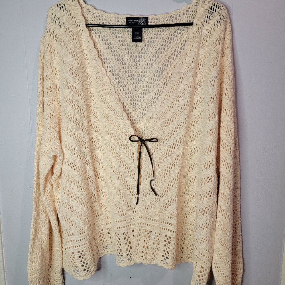 Venezia Jeans Crochet Long Sleeve Cardigan with Brown Suede Tie